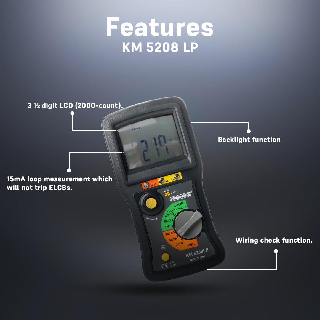 KUSAM-MECO KM 5208 LP Loop Impedance Tester with Built-In Voltmeter, Earth Tester and No Battery Design |1 Year Warranty 1