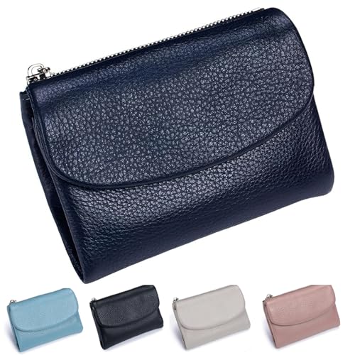 Unisex Pebble Leather Wallet, Small Wallets for Women, Coin Holder & Cash Slots, Genuine Leather Wallets for Men and Women, Small Compact Bifold Pocket Purse with Credit Card Holder (Blue A)