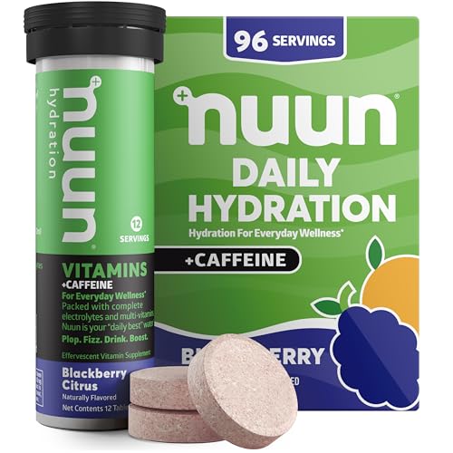Nuun Vitamins + Caffeine Electrolyte Tablets with Vitamin D, C, E, A, & B6, Folic Acid, Magnesium & 4 Other Essential Electrolytes, Gluten Free & Vegan, Blackberry Citrus, 8 Pack (96 Servings Total) Nuun Vitamins + Caffeine Electrolyte Tablets with Vitamin D, C, E, A, & B6, Folic Acid, Magnesium & 4 Other Essential Electrolytes, Gluten Free & Vegan, Blackberry Citrus, 8 Pack (96 Servings Total)