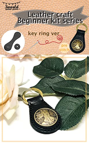 3world レザークラフト おためし入門キット キーホルダー 牛本革 カット 穴あけ 済み 針 糸 付属 SW1721ブラック(ウォーキングリバティ)