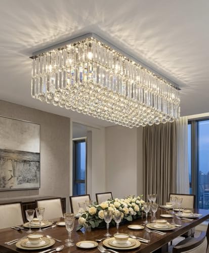 Image of Sanleen Rectangular K9 Glass Crystal Chandelier Ceiling Light 24x1 Feet Width Modern Luxury Lamp Corded Electric for Living Room, Bedroom, Dining Room & Lobby Designer Home Decor Lighting Fixture