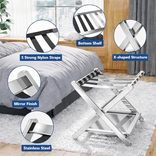 Image of Stainless Steel Folding Luggage Rack for Guest Room Foldable luggage Racks for Suitcase Stand with Nylon Straps, Luggage Stand Double Tiers SS Luggage Holder with Shelf for Bedroom, Hotel, No Assembly Required (Stainless Steel Luggage Rack 2 piece)