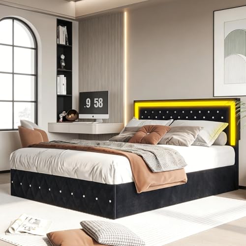 BRILVERDE Letto imbottito 180 x 200 cm, con vano portaoggetti, letto matrimoniale con LED, idraulico, per ragazzi con testiera e rete a doghe, telaio del letto per adulti, in velluto (nero, 180 x 200