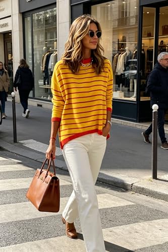 Image of Womens Striped Lightweight Cotton Sweaters Long Sleeve Crew Neck Color Block Casual Knitted Pullover Tops