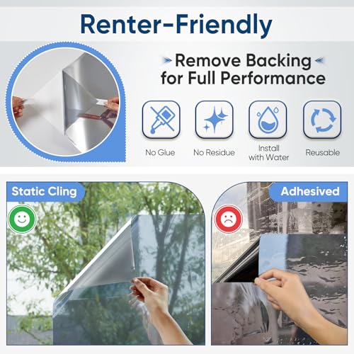 Image of SUNBABY Window Tint for Home, One Way Privacy Film Heat & UV Blocking, Static Cling No Glue Renter Friendly Cover for Home Bedroom, Office & Sliding Glass Door, 29.5 x 78.7 Inch with 3 Tools, Silver