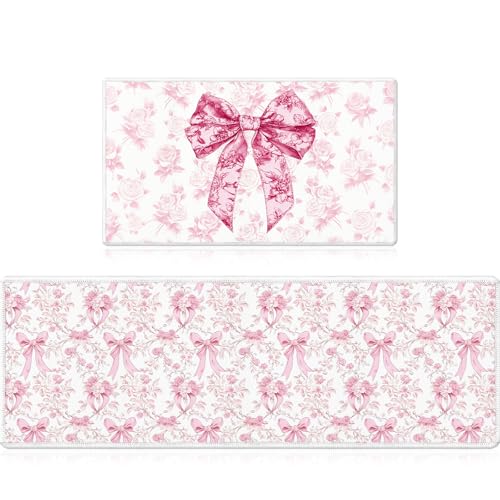 VISSTREE Pink Bow Kitchen Rug and Mat Set of 2, Cute Coquettte Non-Slip Kitchen Rugs, Pink Bow Sweet Decorations for Home Indoor Bathroom Living Room Sink Laundry Floor Decor 17x29 and 17x47 Inch