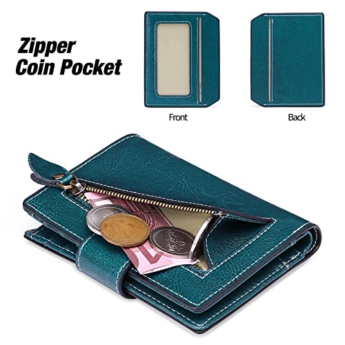 Image of Falan Mule Women's Wallet, Genuine Leather, Bifold, RFID Blocking, Peacock Blue, 10 Slots, 2 Windows, 1 Zipper Pocket, 2 Compartments