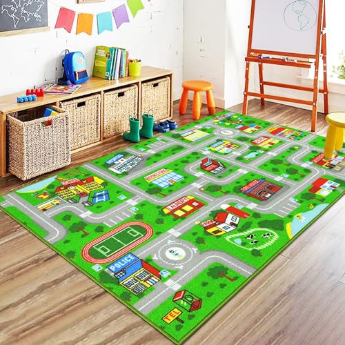 Image of Capslpad Green Car Road Kid Rug Carpet Playmat for Playoom Traffic Road Kids Play Mat for Toddler Non Slip Washable City Map Race Track Carpet Rug for Kids Room Bedroom Nursery Room Decor,5.2'x3.3'