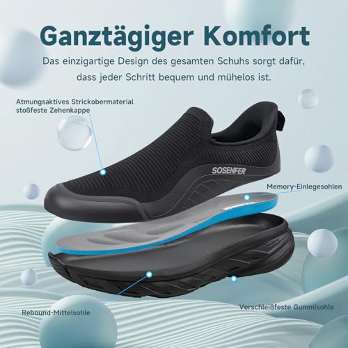 Sosenfer Herren Walkingschuhe Slip On Sneaker Herren Ohne Schnürsenkel Turnschuhe Atmungsaktive Hände frei Freizeitschuhe Leichte Outdoor Straßenlaufschuhe Schwarz gr.43