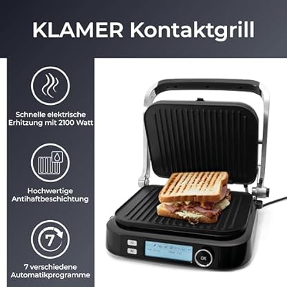 KLAMER Kontaktgrill, 7 Automatikprogramme, abnehmbare Platten, Antihaftbeschichtung, 2100W starker Plattengriller mit Cool-Touch-Griff, Schwarz & Edelstahl – Bild 3