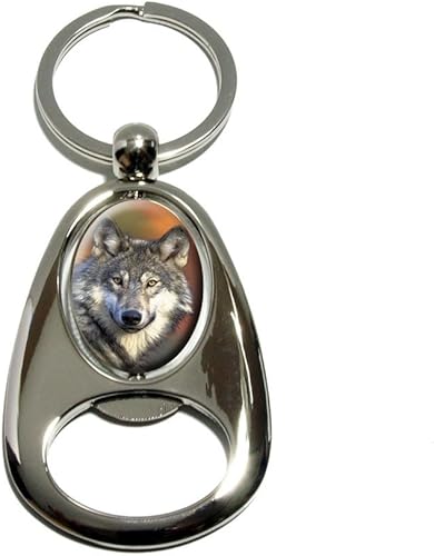 Gray Wolf ovalada con descenso fondoMetal chapado en cromo plateado Spinning diseño abridor de botellas llavero llavero