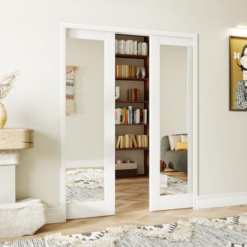 Image of Sliding Pocket Door 32 inch x 80 inch, 1-Lite Mirror Panel with Frame and Hardware Kit Set, Interior & Closet Single Finished Door Slab, White Primed