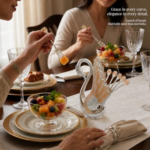Image of Decorative Swan Fork Holder with Fork Set | Elegant Silver & Gold Finish | Tabletop Dining Organizer | Home Decor & Dining Table Accessory
