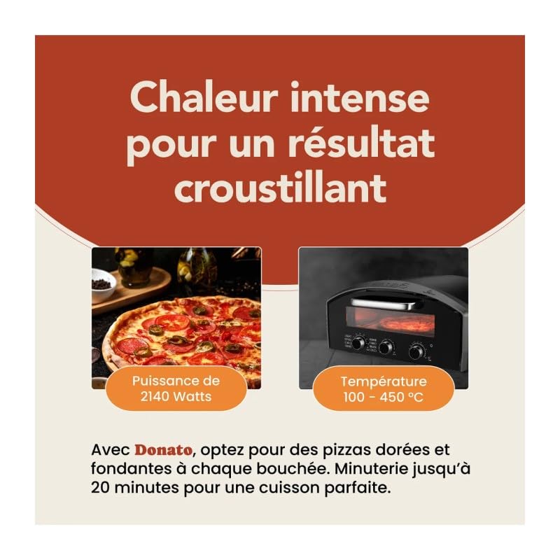 Four à pizza électrique BELDEKO Donato – 450 °C, 2140 W – cuisson 90 secondes – 8 modes + manuel – pierre réfractaire 33×33 cm – pelle à pizza incluse