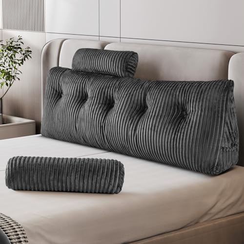 Z hom Cojín para Libros, cuña, cojín de Lectura para Cama y sofá, cojín de Espalda, práctico Compartimento Lateral, Cubierta extraíble, con Almohada Redonda (Gris, 150 * 50 * 20cm)