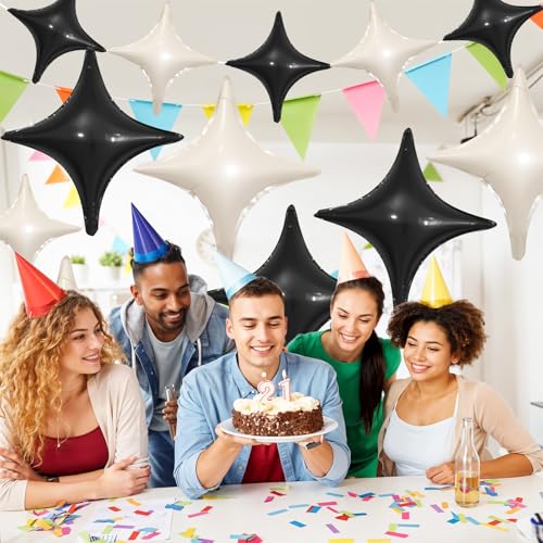 Image of Black White Star Balloons,12Pcs Four Angle Star Foil Balloons | 26Inch and 10Inch Black White Quadrangle Star Helium Balloon for Birthday Baby Shower Wedding Party Decorations