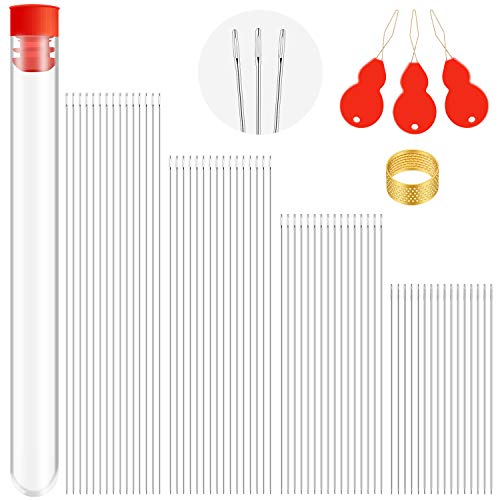 65 Pieces Beading Needles Set, 4 Sizes Long Straight Beading Embroidery Needles with Storage Tube, Threader and Thimble for Jewelry Making