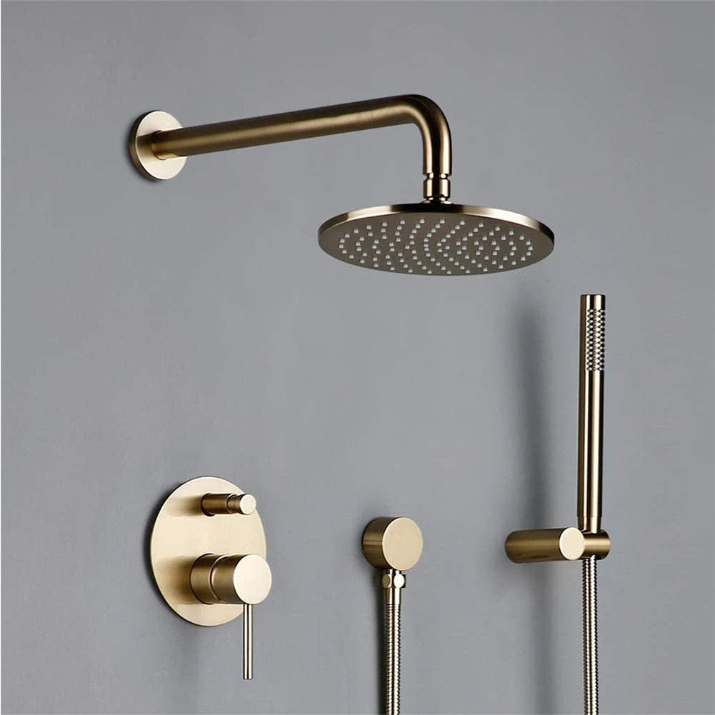 CWCQGH Rainfall Shower System, Wall Mounted Shower Faucet Set for Bathroom with Round Rain Shower Head and Handheld Shower Head Set, Brushed Gold,8inch
