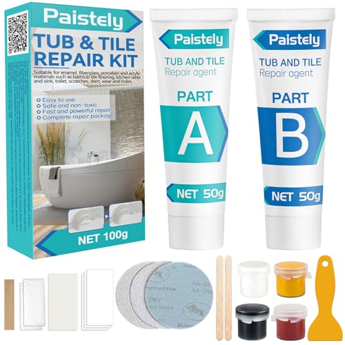 Paistely Badewannen Reparaturset Wasserdichtes Kit für Risse Kratzer & Löcher an Keramik Fliesen Emaille 4 Grundfarben Heißwasserbeständig Dauerhafte Reparatur inkl