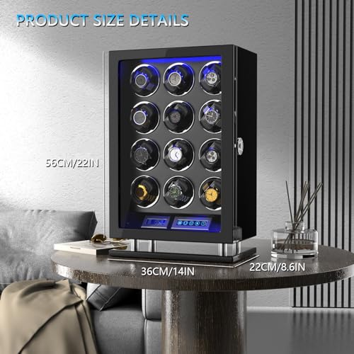 DUKWIN Fingerprint Lock Watch Winder 12 Automatic Winding Spaces with Smart LCD Touch Screen,Blue LED Light, Quiet Motor, and Adjustable Watch Pillows for Gentles and Ladies - Thumbnail 3
