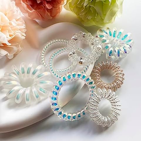 Everjoy Elastic Hair Ties Waterproof Holographic Colorful Phone Cord Hair Coils for Women and Girls Ponytail Holders for Thick and Thin Hair, 8 Pcs, Different Size and Style Cover