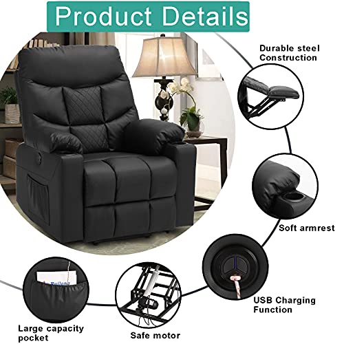 Samery Power Recliner Chair With Massage And Heat Leather Electric Reclining Ergonomic Lounge Sofa Chair For Elderly/Adult/Pregnant With Usb Port, Pockets & Lumbar Pillow Living Room (Black) #TOP6