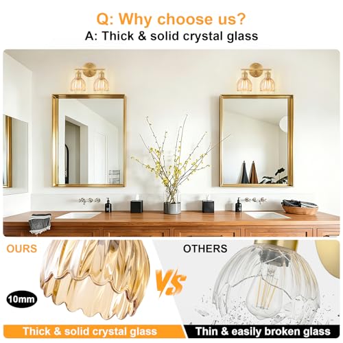 Image of Bathroom Light Fixtures, 2-Light Brushed Gold Vanity Lights for Bathroom with Amber Tulip Glass Shade, 12 inch Vintage Bathroom Vanity Lighting Fixtures Over Mirror for Bedroom Living Room Hallway