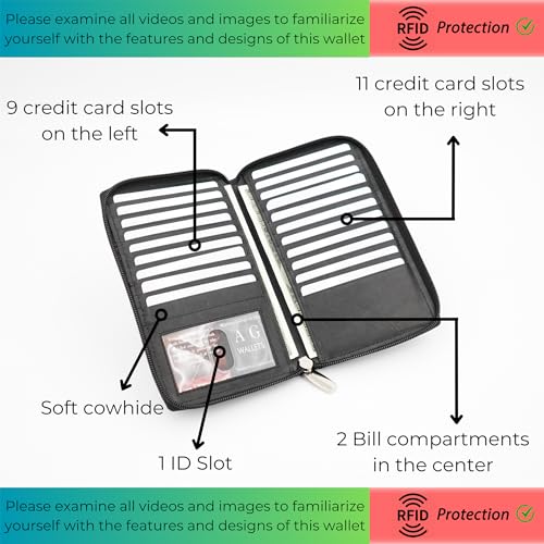 AG Wallets RFID Leather Slim Wallet for Men & Women - Long Compact Bifold Wallet Holds up to 20 Cards, 1 ID & 2 Bill Compartments - Cowhide Leather Zipper Wallet with RFID Protection - Black2