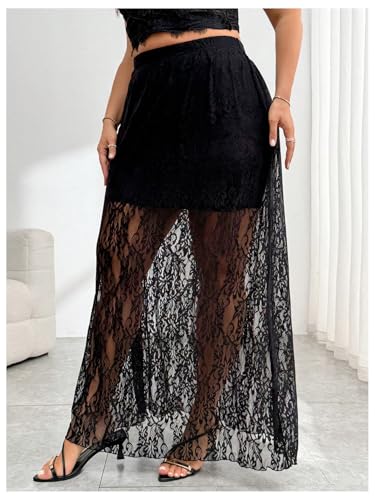 Verdusa Women's Plus Size Floral Lace Sheer Long Skirts High Rise A Line Flowy Skirt3