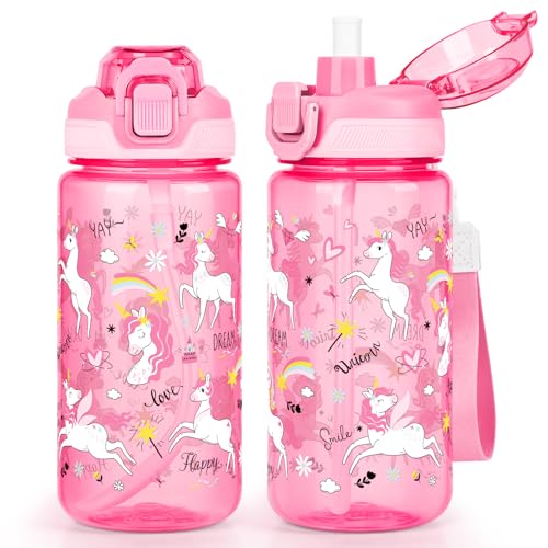 wooshwa Botella de Agua para Niños 600ml, Cantimplora Infantil con Pajita para Niña Niños Infantil, a Prueba de Fugas, Sin BPA para La Colegio y Deporte - Unicornio