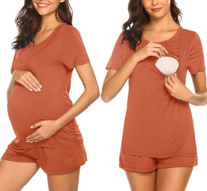 Ekouaer Maternity Nursing Pajamas Set Short Sleeve Breastfeeding Sleepwear Double Layer Postpartum Top and Shorts Set