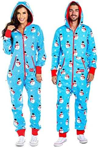 Tipsy Elves Men's Cozy Christmas Onesie Pajamas - Blue Chilly Snowman Holiday Adult Cozy Jumpsuit: Large