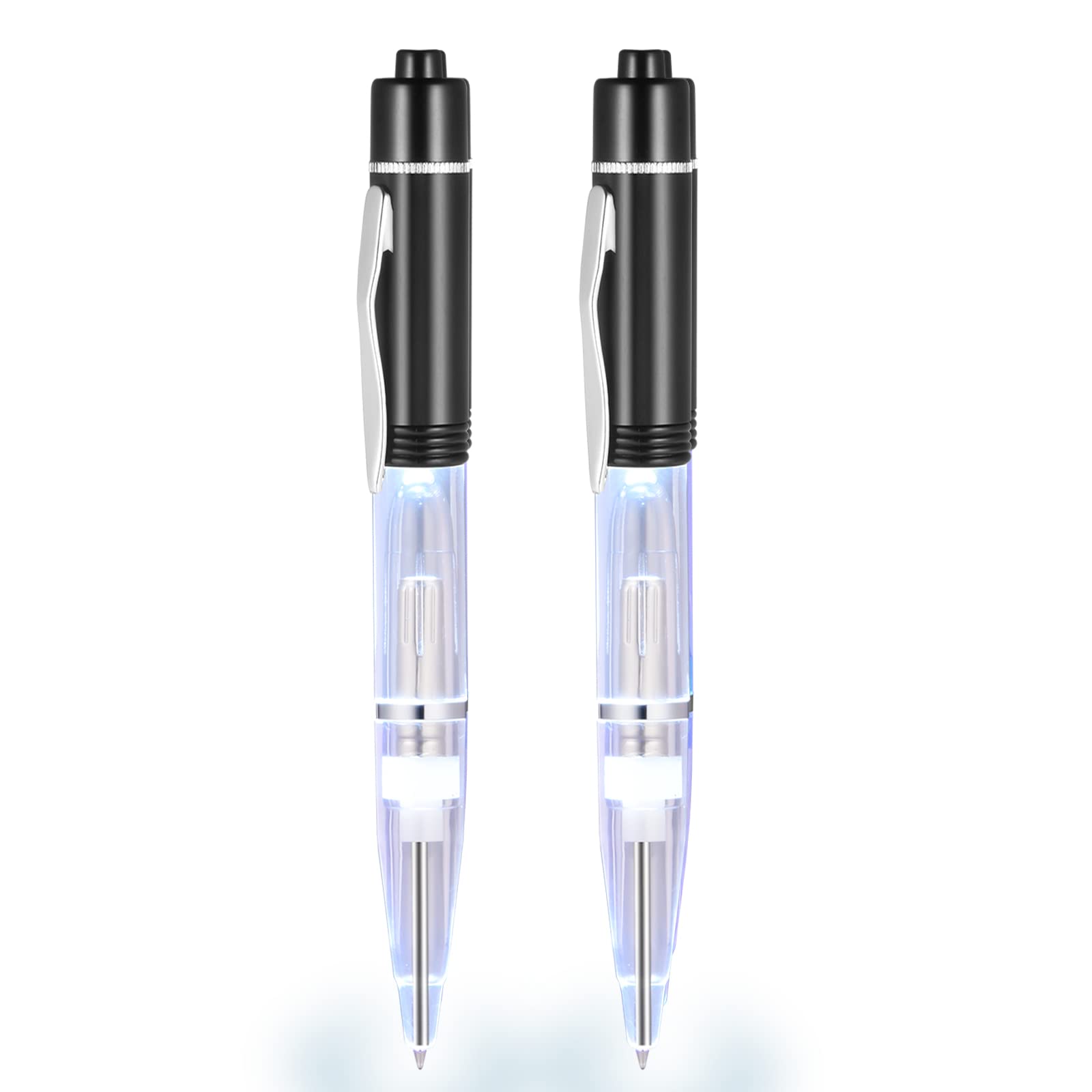 GS GLOWSEENLED Pen With Light (2cts/Pack), Light Up Pens for Night Writing, Lighted Tip Pen Flashlight, 0.7mm Fine Point Black Ballpoint Pens -White Light