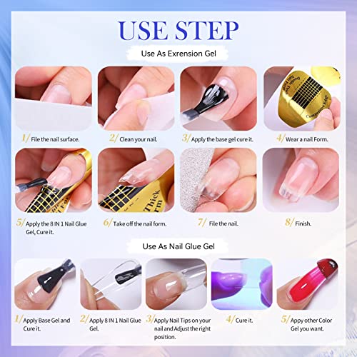 Born Pretty 8 In 1 Nail Glue Gel Base Gel Builder Extension Gel Kit For Acrylic Nails False Nail Tips Gel Nail Polish,Nail Repair Treatment,Gel Base Strengthen Nails,Slip Solution For Poly Nail Gel #TOP7