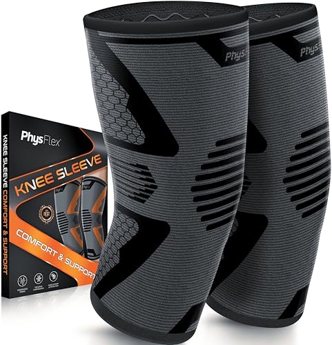 Knee Brace for Pain Relief - 2 Pack Knee Compression Sleeves for Men and Women - Support for Weightlifting, Gym, Workout, Volleyball - Meniscus Tear, ACL, Arthritis (Arrowhead, Gray/Black, Medium)