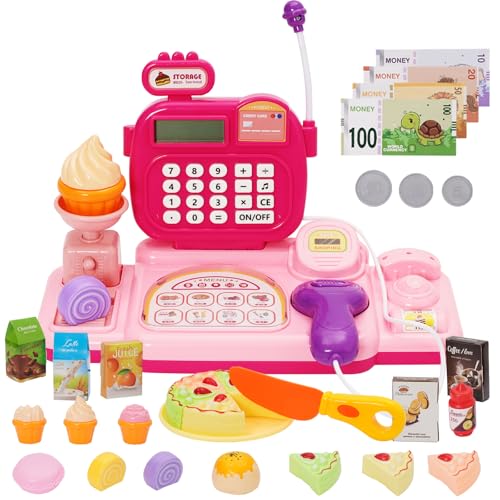 Caisse Enregistreuse pour Enfants avec Son,Microphone,40 Pièces Caisse Enregistreuse pour Filles,Accessoires pour Boutique, Jouets pour Jeux De Rôle,Thème...