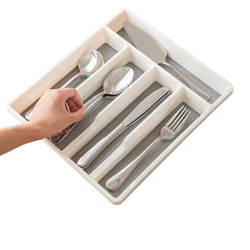 HUTVD Cajón Bandeja para Cubiertos, Bandeja para Cubiertos Divisores Contenedores de Plástico Porta Cubiertos de Cocina Cajón para Cucharas, Tenedores y Cuchillos, Blanco | 5 Compartimentos Cover