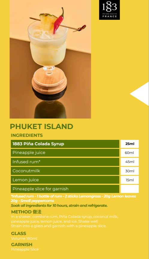 Image of 1883 Pina Colada Syrup for Drinks, Made in France, 1 Liter Glass Bottle