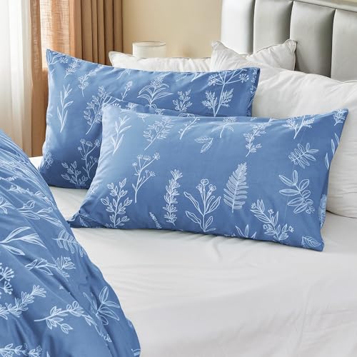 MUXHOMO Duvet Cover Queen Size, Reversible Floral Ice Blue Duvet Cover Set with Zipper Closure, 3 Pieces Botanical Patterns Soft Microfiber Bedding Set with 4 Ties (90"x90", 2 Pillow Cases)
