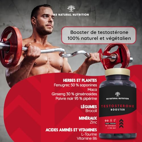 TESTOSTÉRONE HOMME BOOSTER - Musculation, Libido, Puissant, Énergie - Formule Naturel avec Maca, Fenugrec, Zinc, Vit B6 et Ginseng. 90 Capsules. VÉGAN. N2 Natural Nutrition – Image 4