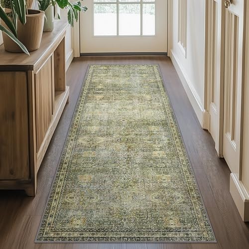 GENIMO 2x5 Non Slip Hallway Runner Rug, Machine Washable, Thin & Low Pile Lightweight for Kitchen, Laundry, Entryway, Bedroom & Living Room, Vetiver-Green