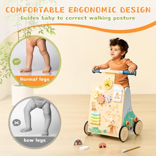 Image of Wooden Baby Walker, Baby Push Walker for 12+ Months, Baby Walker with Activity Center, Push and Pull Walkers for Boys Girls