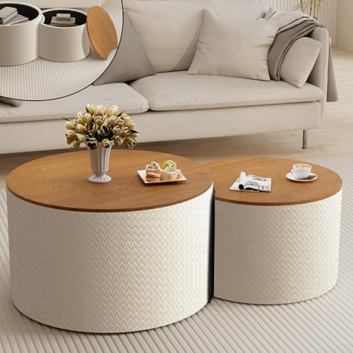 Wxnnx Table de Salon Emboîtable Moderne, Set de 2 Tables Basses Rondes avec Storage Caché, Table d'Accent Tambour pour Salon et Chambre,Blanc