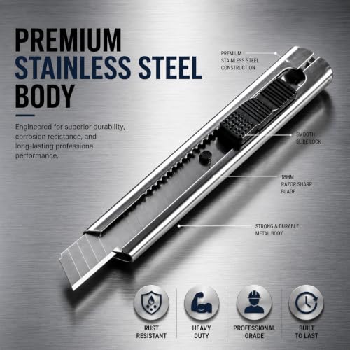 Image of Premium Stainless Steel Utility Cutter Set (3 Pieces) with FREE 10 Spare Blades. Heavy-duty, rust-resistant, sharp and durable for carton cutting, packaging, DIY, home and office use.