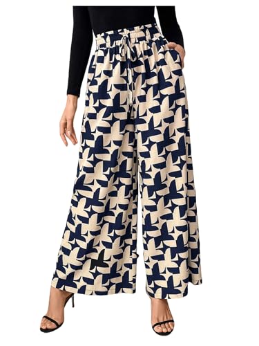 WDIRARA Women's Printed Drawstring Waist Wide Leg Long Pants Trousers with Pockets
