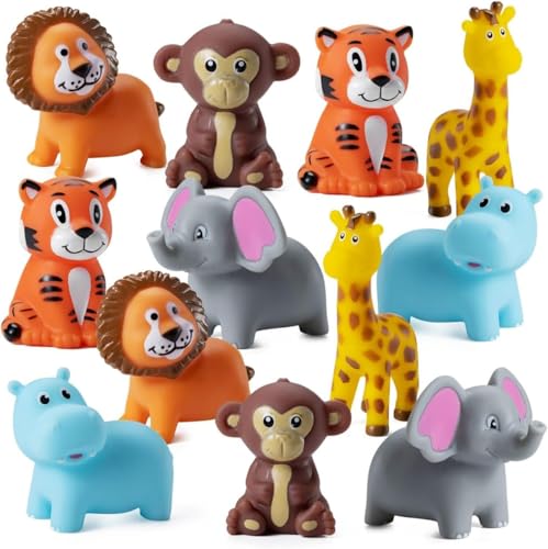 Image of Mini Zoo Animals Bath Toys - (Pack of 12) Vinyl Rubber Jungle Safari Animal Figures, Squeezable Bath Tub Toys for Kids, Baby Shower, Birthday Party Supplies, Favors, Cake Decor, Table Decorations
