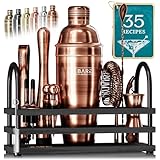 BARE BARREL® Mixology - Juego de bar para barman | Juego de coctelera de 14 piezas | Herramientas de mezcla de Martini para bar en casa | 35 tarjetas de recetas | Juego de regalo (coctelera de 24