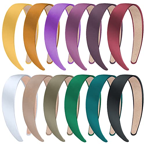SIQUK 12 Piezas Diadema de Satén 3cm Cintas de Satén Diademas de Pelo Anchas Lisas Diademas para Mujer y Niña, 12 Colores