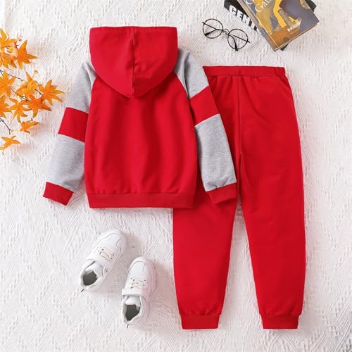 Image of 5-11Y Boys Clothes Long Sleeve Hooded Pullover Colorblock Sweatshirt + Pants 2pcs Fall Winter Outfit Set