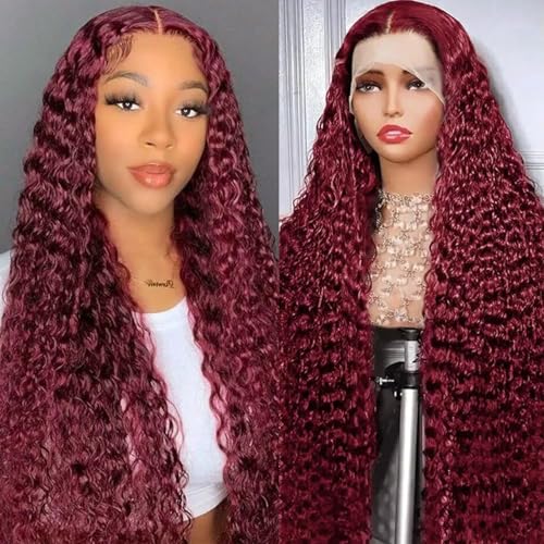 Image of Nsvnsv Burgundy Wig Human Hair 99j Burgundy 13x6 Deep Wave Lace Front Wigs Human Hair Pre Plucked 180% Density HD Transparent Lace Frontal Wigs for Black Women Red Colored Wig 28 Inch